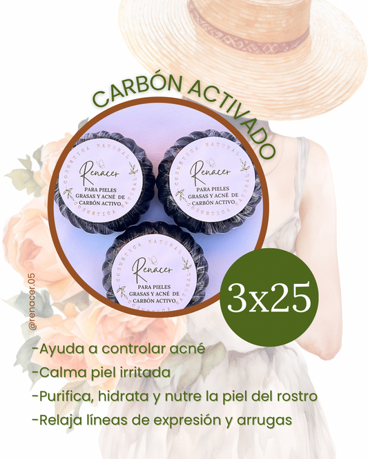 3 Jabones Control de Acné, Cutis graso, carbón Activo